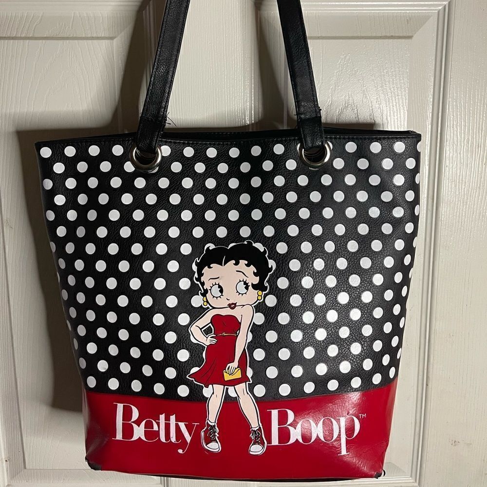 Betty Boop vegan leather black and white polka dots and red medium tote bag.